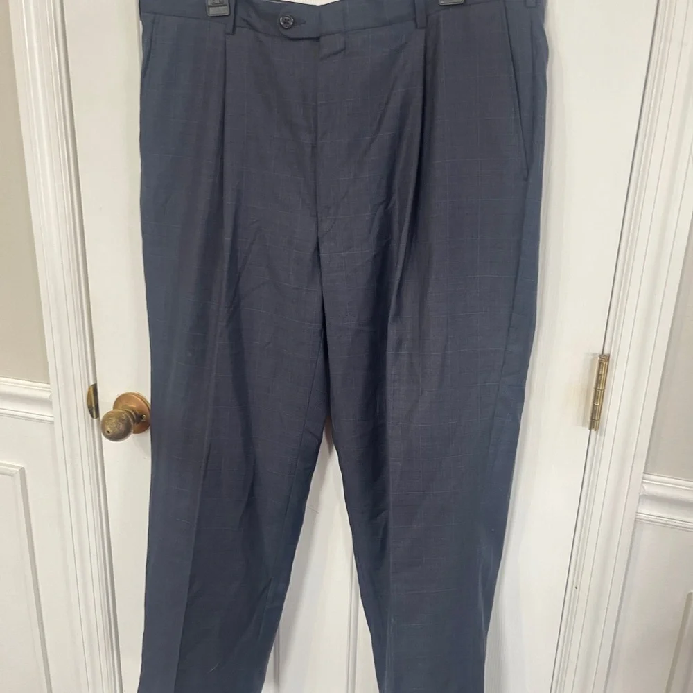 HICKEY FREEMAN Navy Suit WOOL Size 44 long Windowpane Pants 37x28 Flaw